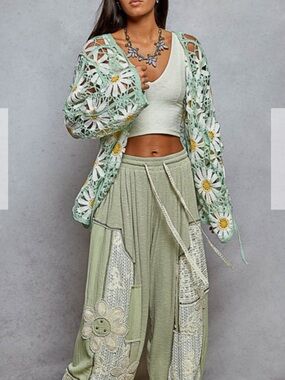 POL Mint Green Crochet Daisy Cardigan